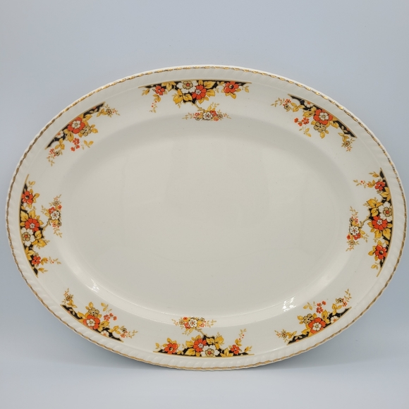 Vintage Johnson Bros. Old English Oval Serving Platter Navy Gold Orange Floral - Picture 8 of 12